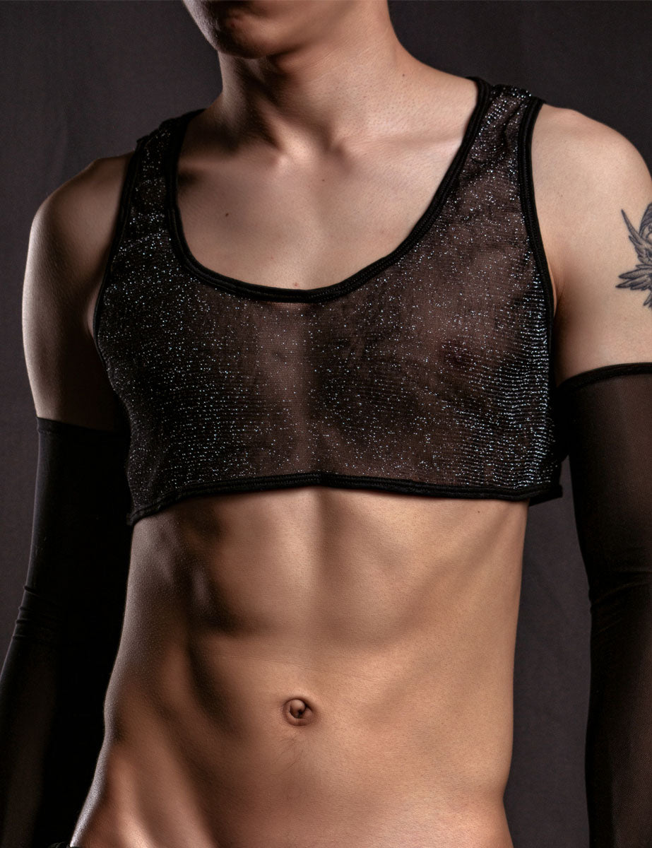 Lencería para Hombre Crop Top Transparencia Brillante - Pol Negro